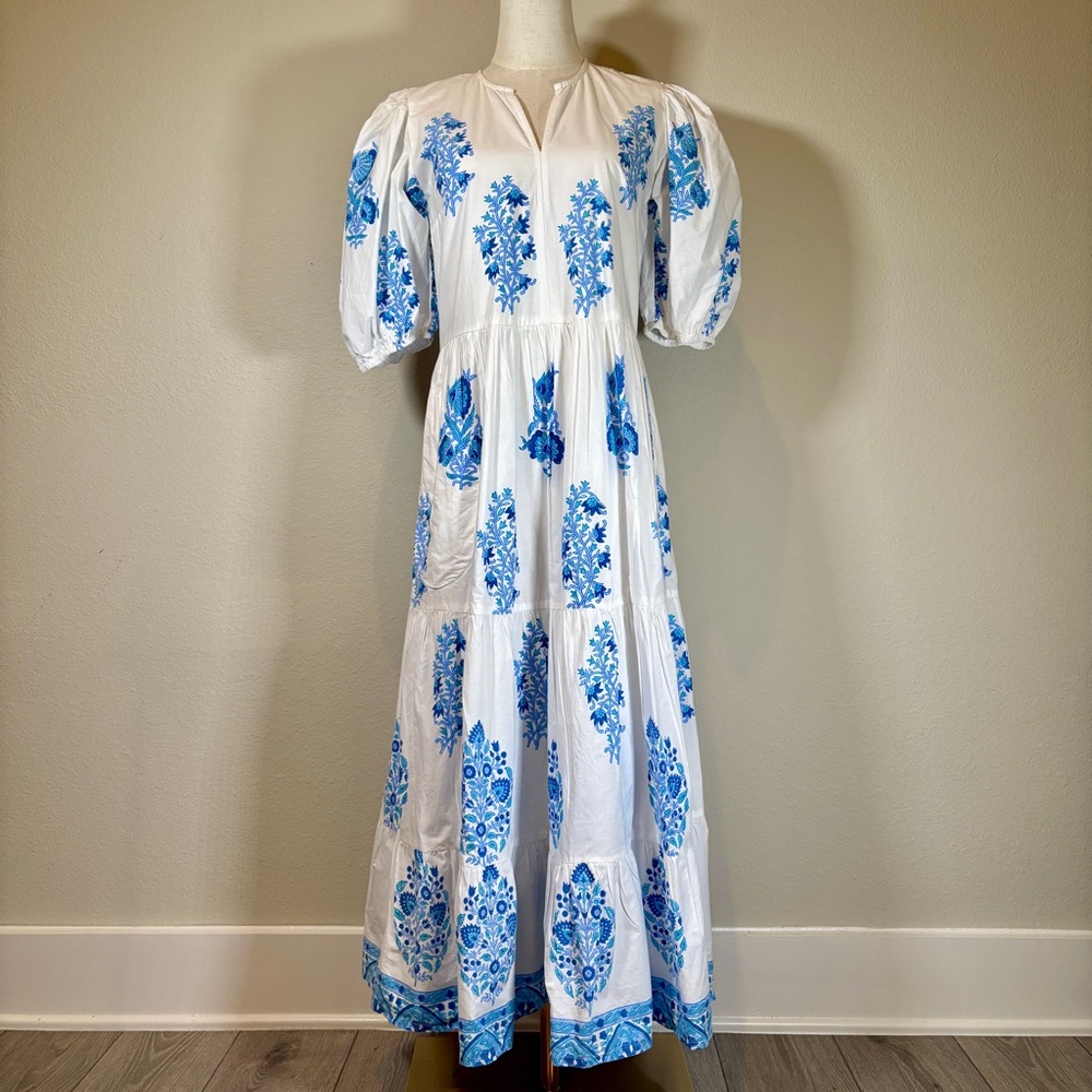 Oliphant Laguna Blue Puff Sleeve Tiered Dress Size Small